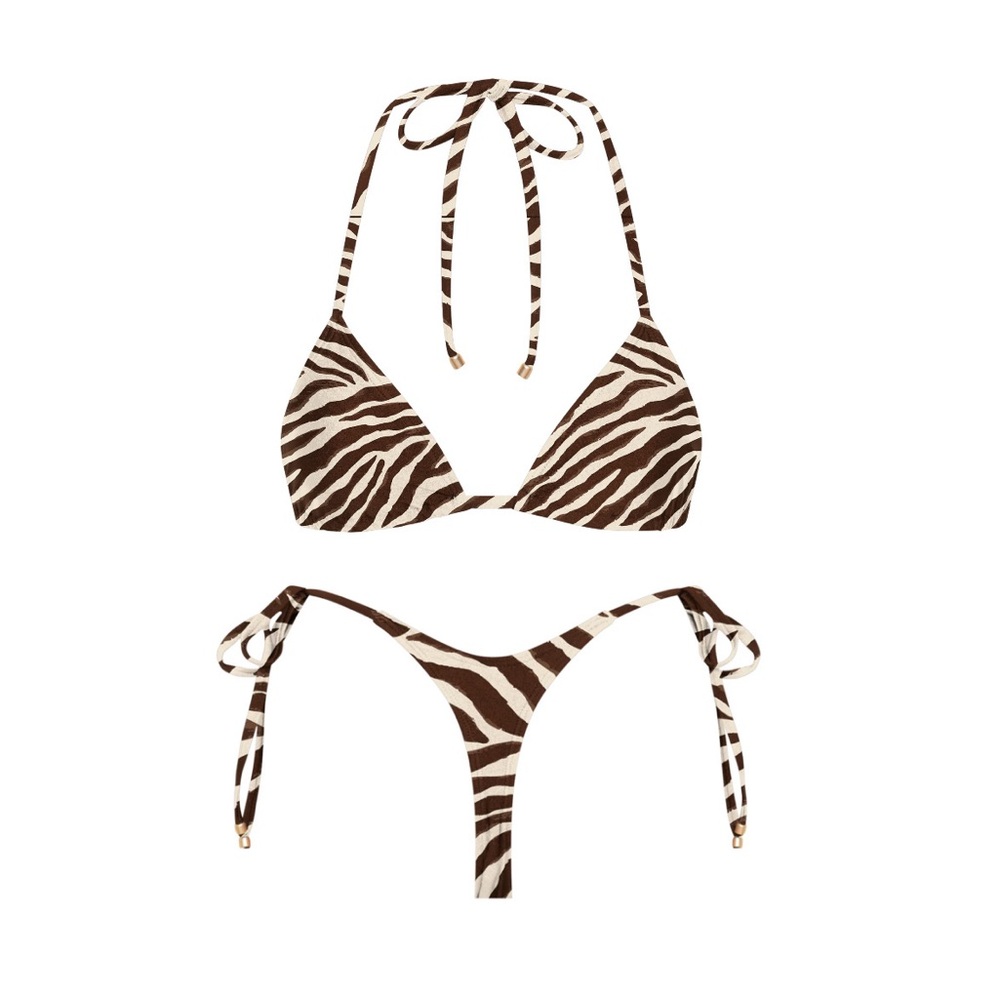 NET WHITE SANDS BROWN TIGER Zebra Print Triangle Tie-Side Bikini BYDEE SKATIE PQ